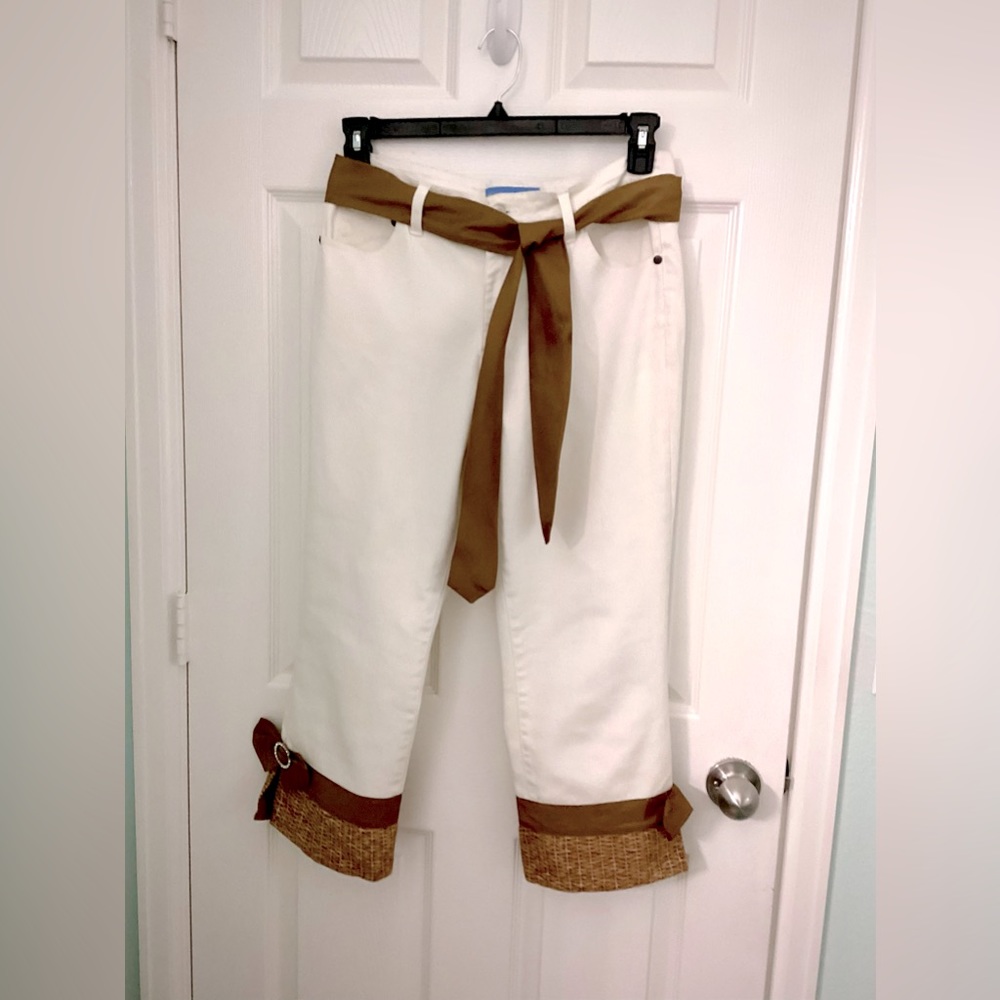 White Denim Tailor Capri’s with Satin sash & Satin Bows